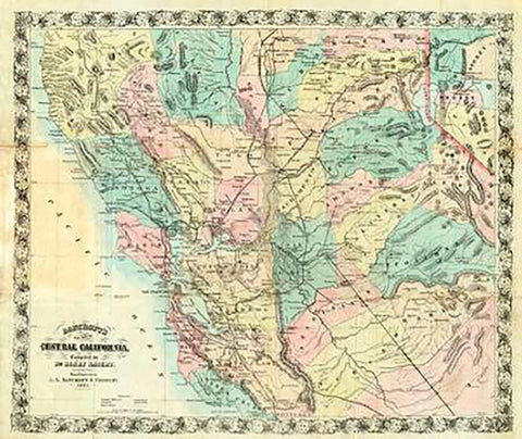 New Map of Central California, 1871 White Modern Wood Framed Art Print with Double Matting by Bancroft, A.L.