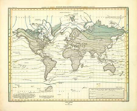 Alexander von Humboldts System Der Isotherm-Kurven, 1849 White Modern Wood Framed Art Print with Double Matting by Berghaus, Heinrich