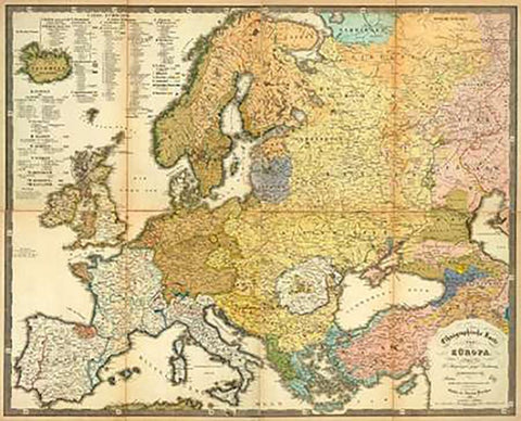 Ethnographische Karte von Europa, 1847 Black Ornate Wood Framed Art Print with Double Matting by Berghaus, Heinrich