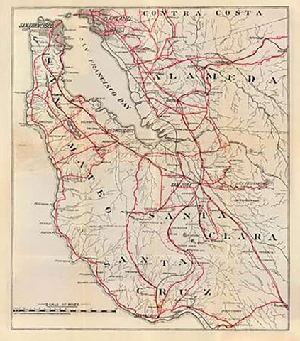 California - San Mateo, Santa Cruz, Santa Clara, Alameda, and Contra Costa Counties, 1896 White Modern Wood Framed Art Print with Double Matting by Blum, George W.
