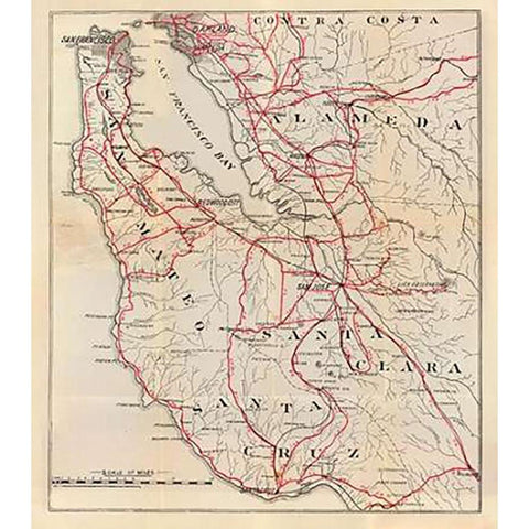 California - San Mateo, Santa Cruz, Santa Clara, Alameda, and Contra Costa Counties, 1896 Gold Ornate Wood Framed Art Print with Double Matting by Blum, George W.