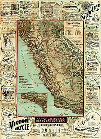 Map of California Roads for Cyclers, 1896 White Modern Wood Framed Art Print with Double Matting by Blum, George W.
