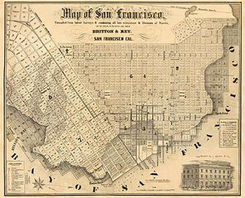 Map of San Francisco, 1852 Black Ornate Wood Framed Art Print with Double Matting by Rey, Britton and