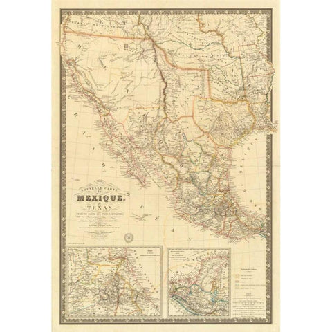 Nouvelle Carte du Mexique, Du Texas, 1840 Gold Ornate Wood Framed Art Print with Double Matting by Brue, Adrien Hubert