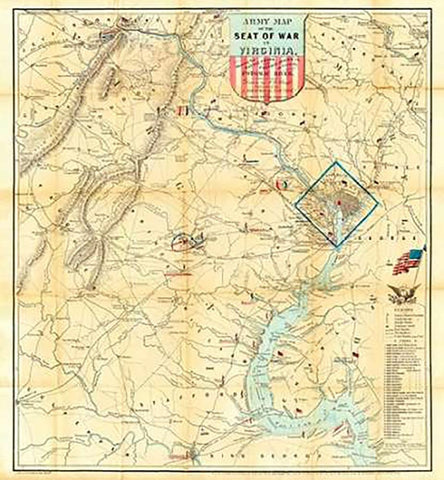 Army Map of The Seat of War In Virginia, 1862 White Modern Wood Framed Art Print with Double Matting by Bruff, J. Goldsborough