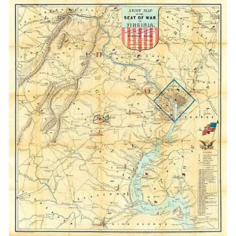 Army Map of The Seat of War In Virginia, 1862 Black Modern Wood Framed Art Print with Double Matting by Bruff, J. Goldsborough