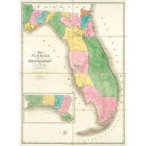 Map of Florida, 1839 Gold Ornate Wood Framed Art Print with Double Matting by Burr, David