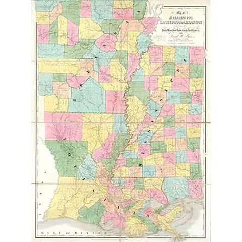 Map of Mississippi, Louisiana and Arkansas, 1839 Gold Ornate Wood Framed Art Print with Double Matting by Burr, David