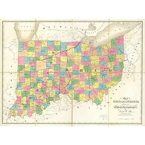 Map of Ohio and Indiana, 1839 Black Modern Wood Framed Art Print with Double Matting by Burr, David