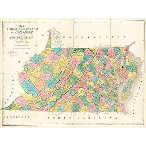 Map of Virginia, Maryland and Delaware, 1839 Gold Ornate Wood Framed Art Print with Double Matting by Burr, David