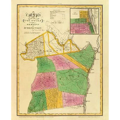 New York - Albany, Schenectady counties, 1829 Gold Ornate Wood Framed Art Print with Double Matting by Burr, David