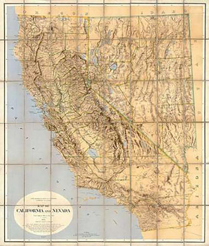 Map of California and Nevada, 1874 White Modern Wood Framed Art Print with Double Matting by California Geological Survey