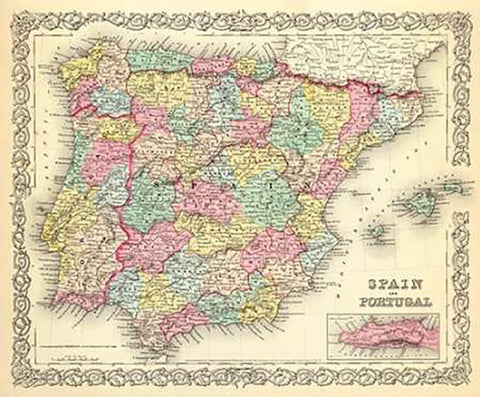 Spain and Portugal, 1856 Black Ornate Wood Framed Art Print with Double Matting by Colton, G.W