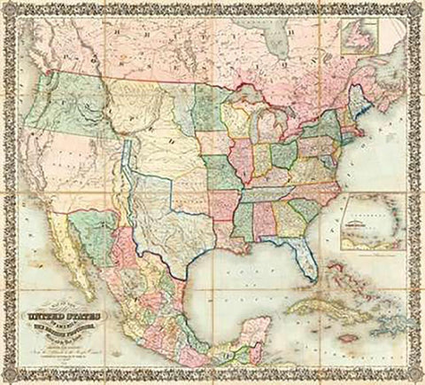 Map of The United States of America, 1848 Black Ornate Wood Framed Art Print with Double Matting by Colton, J. H