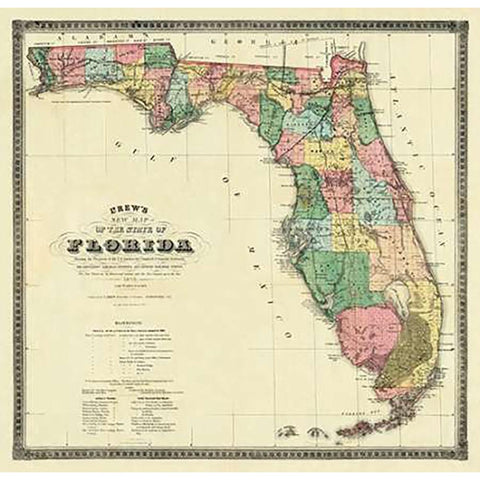 New Map of The State of Florida, 1870 Black Modern Wood Framed Art Print by Drew, Columbus