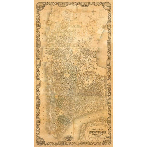City of New York Extending Northward to 50th St., 1852 Gold Ornate Wood Framed Art Print with Double Matting by Dripps, Matthew