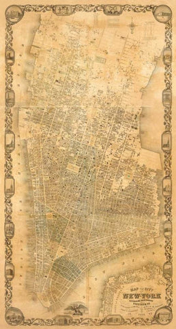 City of New York Extending Northward to 50th St., 1852 Black Ornate Wood Framed Art Print with Double Matting by Dripps, Matthew