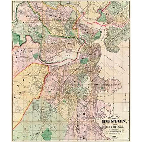 Map of The City of Boston and its Environs, 1874 Gold Ornate Wood Framed Art Print with Double Matting by Hopkins, G.M