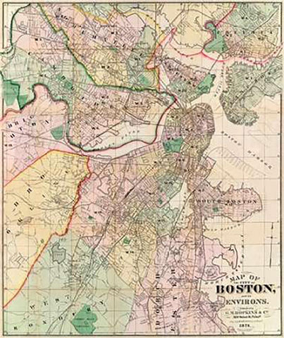 Map of The City of Boston and its Environs, 1874 White Modern Wood Framed Art Print with Double Matting by Hopkins, G.M