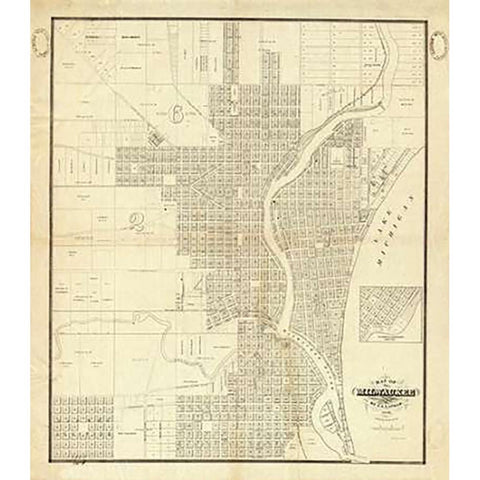 Map of Milwaukee, 1856 Gold Ornate Wood Framed Art Print with Double Matting by Lapham, I.A