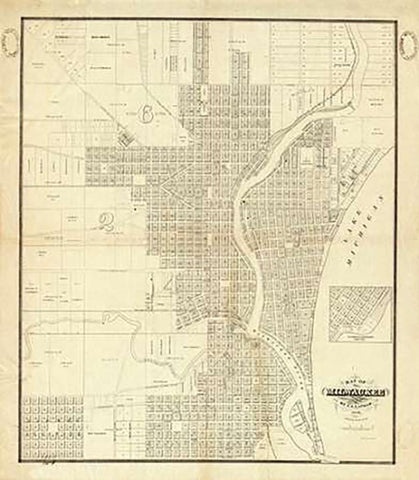 Map of Milwaukee, 1856 Black Ornate Wood Framed Art Print with Double Matting by Lapham, I.A