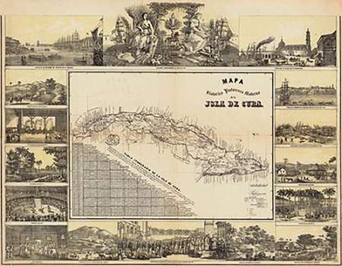 Mapa Historico Pintoresca Moderno de al Isla De Cuba, 1853 Black Ornate Wood Framed Art Print with Double Matting by May, B. y Ca.