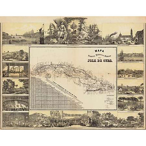 Mapa Historico Pintoresca Moderno de al Isla De Cuba, 1853 Gold Ornate Wood Framed Art Print with Double Matting by May, B. y Ca.