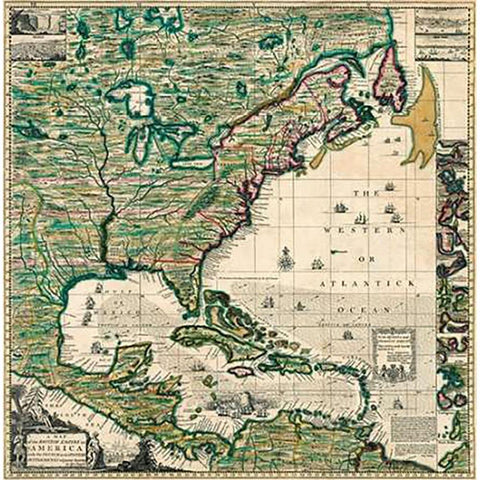 America Septentrionalis A Map of the British Empire in America, 1733 Gold Ornate Wood Framed Art Print with Double Matting by Popple, Henry