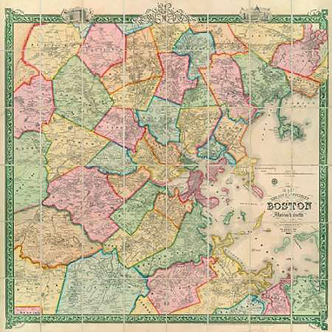 Boston and Vicinity, 1852 Black Ornate Wood Framed Art Print with Double Matting by Sidney, F.G