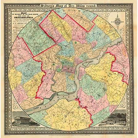 The City of Philadelphia, 1847 Black Modern Wood Framed Art Print with Double Matting by Sidney, J.C