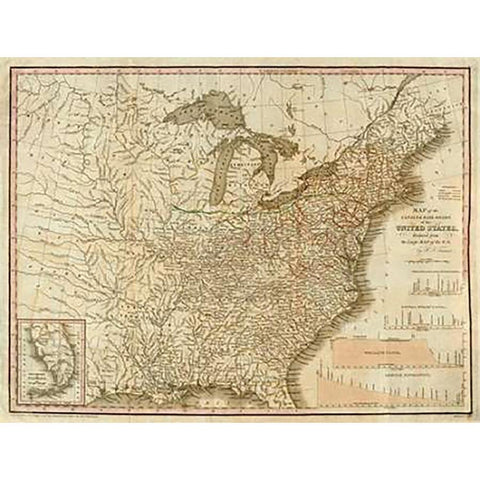 A Connected View of The Whole Internal Navigation of the United States, 1830 Black Modern Wood Framed Art Print with Double Matting by Tanner, Henry