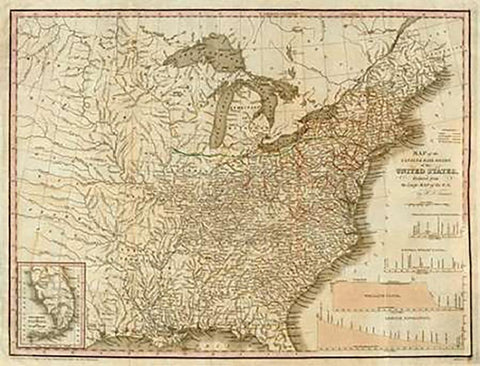 A Connected View of The Whole Internal Navigation of the United States, 1830 Black Ornate Wood Framed Art Print with Double Matting by Tanner, Henry