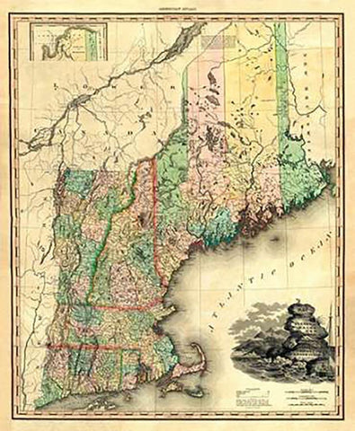 Maine, New Hampshire, Vermont, Massachusetts, Connecticut and Rhode Island, 1823 Black Ornate Wood Framed Art Print with Double Matting by Tanner, Henry