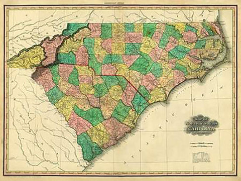 Map of North and South Carolina, 1823 Black Ornate Wood Framed Art Print with Double Matting by Tanner, Henry