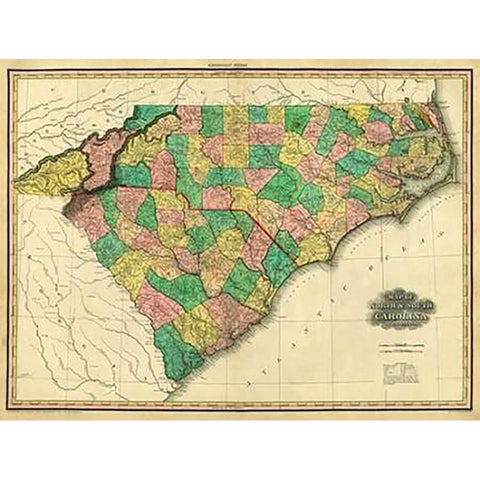 Map of North and South Carolina, 1823 Black Modern Wood Framed Art Print with Double Matting by Tanner, Henry