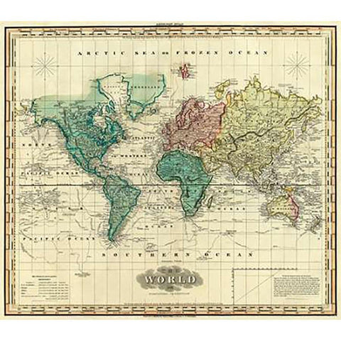 World on Mercators Projection, 1823 Black Modern Wood Framed Art Print with Double Matting by Tanner, Henry