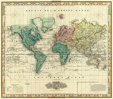 World on Mercators Projection, 1823 White Modern Wood Framed Art Print with Double Matting by Tanner, Henry