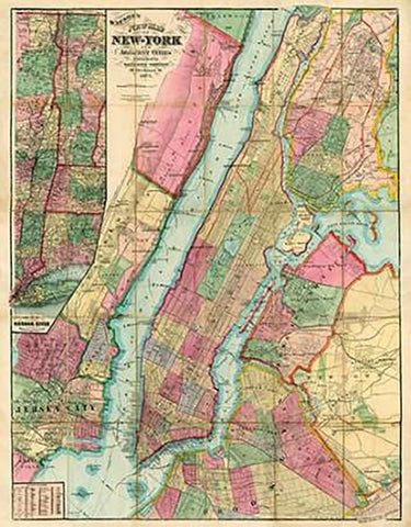 Map of New York and Adjacent Cities, 1874 Black Ornate Wood Framed Art Print with Double Matting by Watson, Gaylord