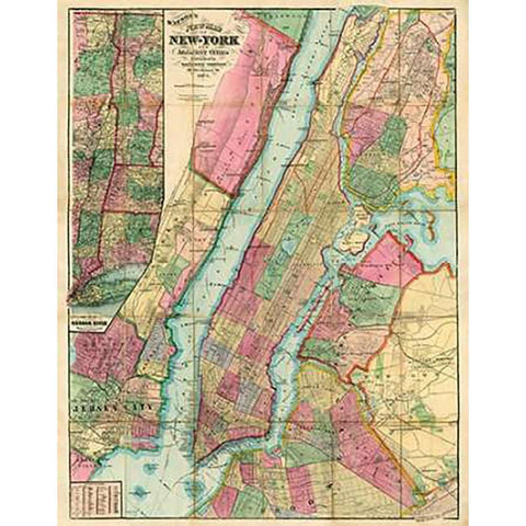 Map of New York and Adjacent Cities, 1874 Black Modern Wood Framed Art Print with Double Matting by Watson, Gaylord