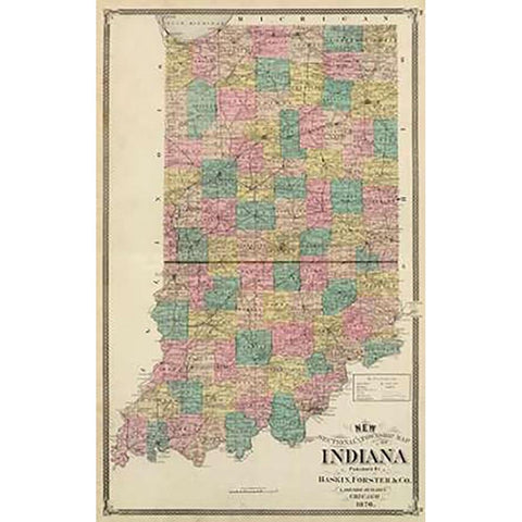 New sectional and township map of Indiana, 1876 White Modern Wood Framed Art Print by Andreas, Alfred Theodore