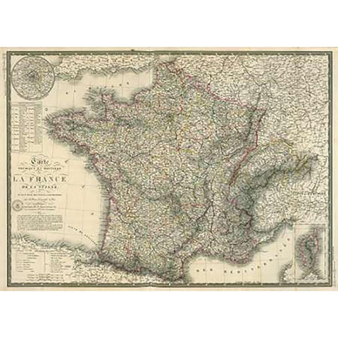 Carte physique et routiere de la France, de la Suisse, 1827 Gold Ornate Wood Framed Art Print with Double Matting by Brue, Adrien Hubert