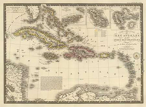 Iles Antilles ou des Indes Occidentales, 1828 Black Ornate Wood Framed Art Print with Double Matting by Brue, Adrien Hubert