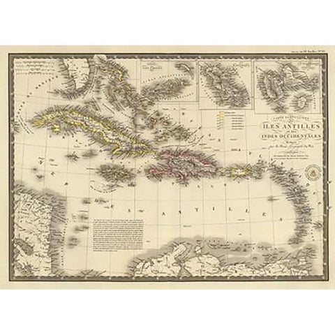 Iles Antilles ou des Indes Occidentales, 1828 Gold Ornate Wood Framed Art Print with Double Matting by Brue, Adrien Hubert