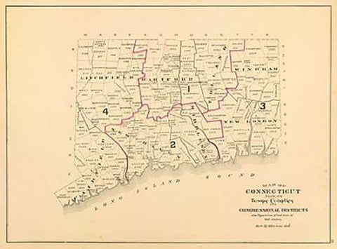 Connecticut: Congressional districts, 1893 White Modern Wood Framed Art Print with Double Matting by Hurd and Co., D.H