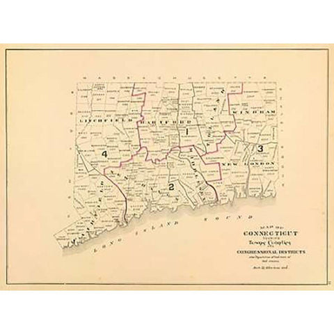 Connecticut: Congressional districts, 1893 Black Modern Wood Framed Art Print with Double Matting by Hurd and Co., D.H