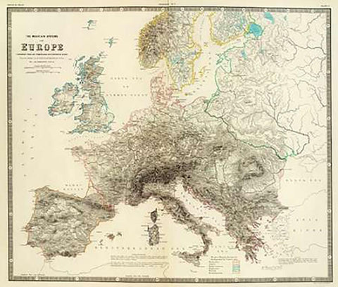 Mountains of Europe, 1854 Black Ornate Wood Framed Art Print with Double Matting by Johnston, Alexander Keith