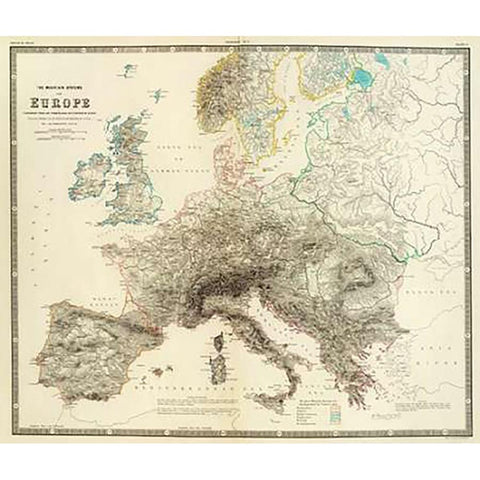 Mountains of Europe, 1854 Black Modern Wood Framed Art Print by Johnston, Alexander Keith