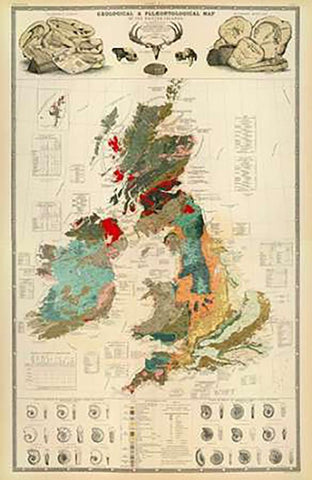 ComVintageite: Geological, palaeontological map British Islands, 1854 White Modern Wood Framed Art Print with Double Matting by Johnston, Alexander Keith