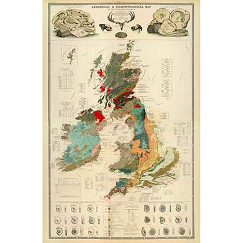 ComVintageite: Geological, palaeontological map British Islands, 1854 White Modern Wood Framed Art Print by Johnston, Alexander Keith