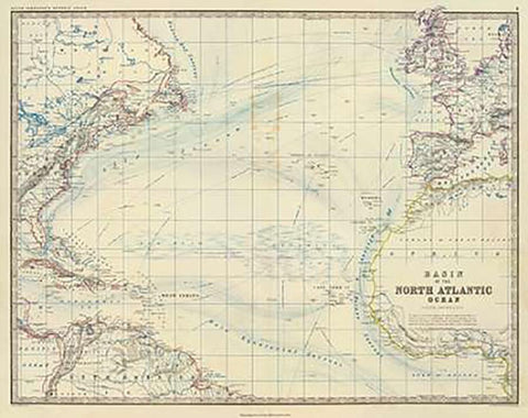 North Atlantic Ocean, 1861 White Modern Wood Framed Art Print with Double Matting by Johnston, Alexander Keith